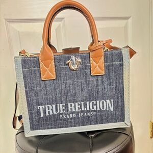 True Religion Denim NWT Tote Bag Brown Leather Trim Removable Strap Spring Bag